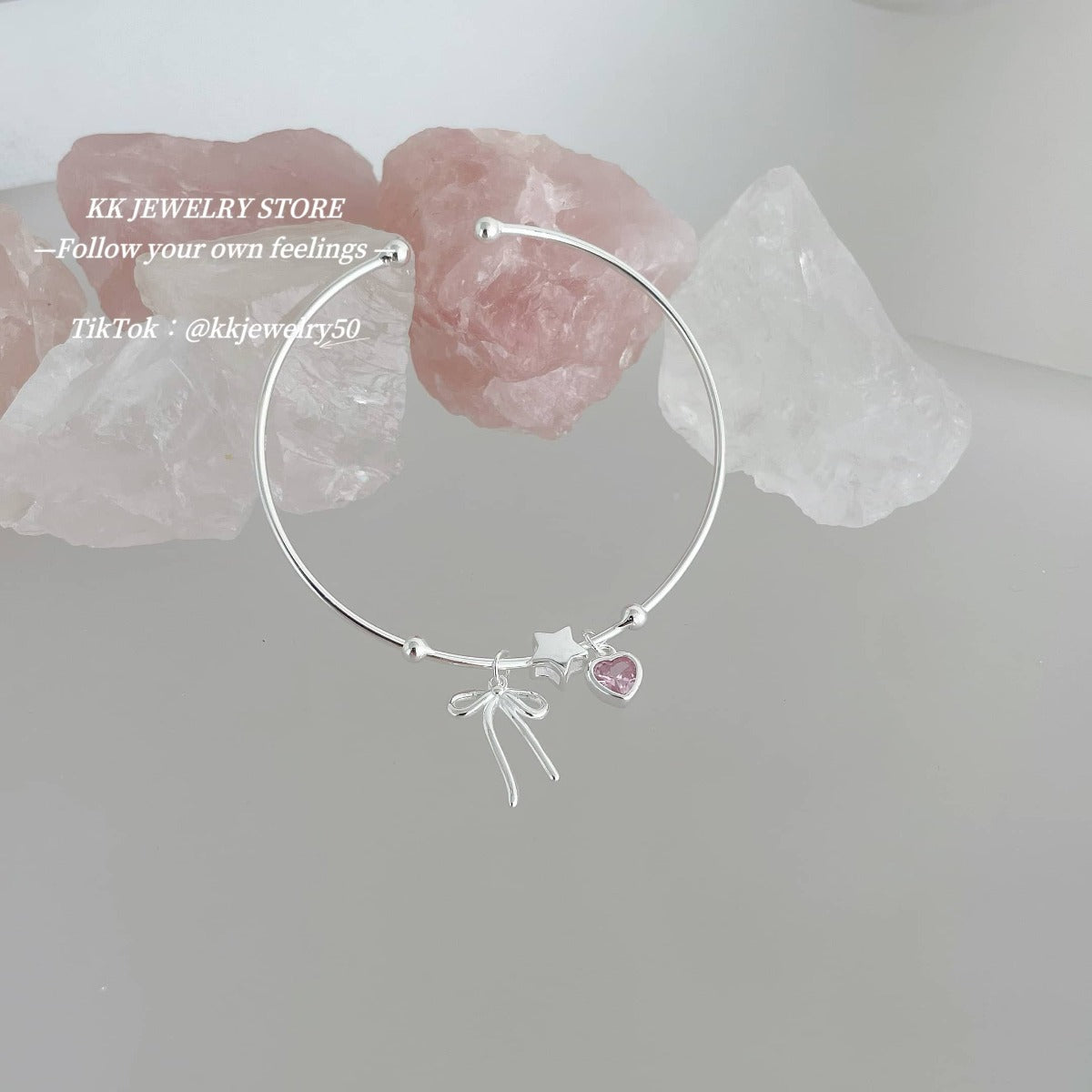 S925 Sterling Silver Star Bow Heart Pink Diamond Bracelet