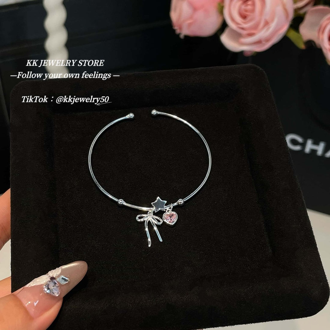 S925 Sterling Silver Star Bow Heart Pink Diamond Bracelet