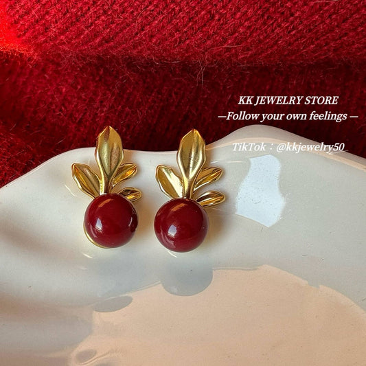 Cherry red pearl leaf stud earrings