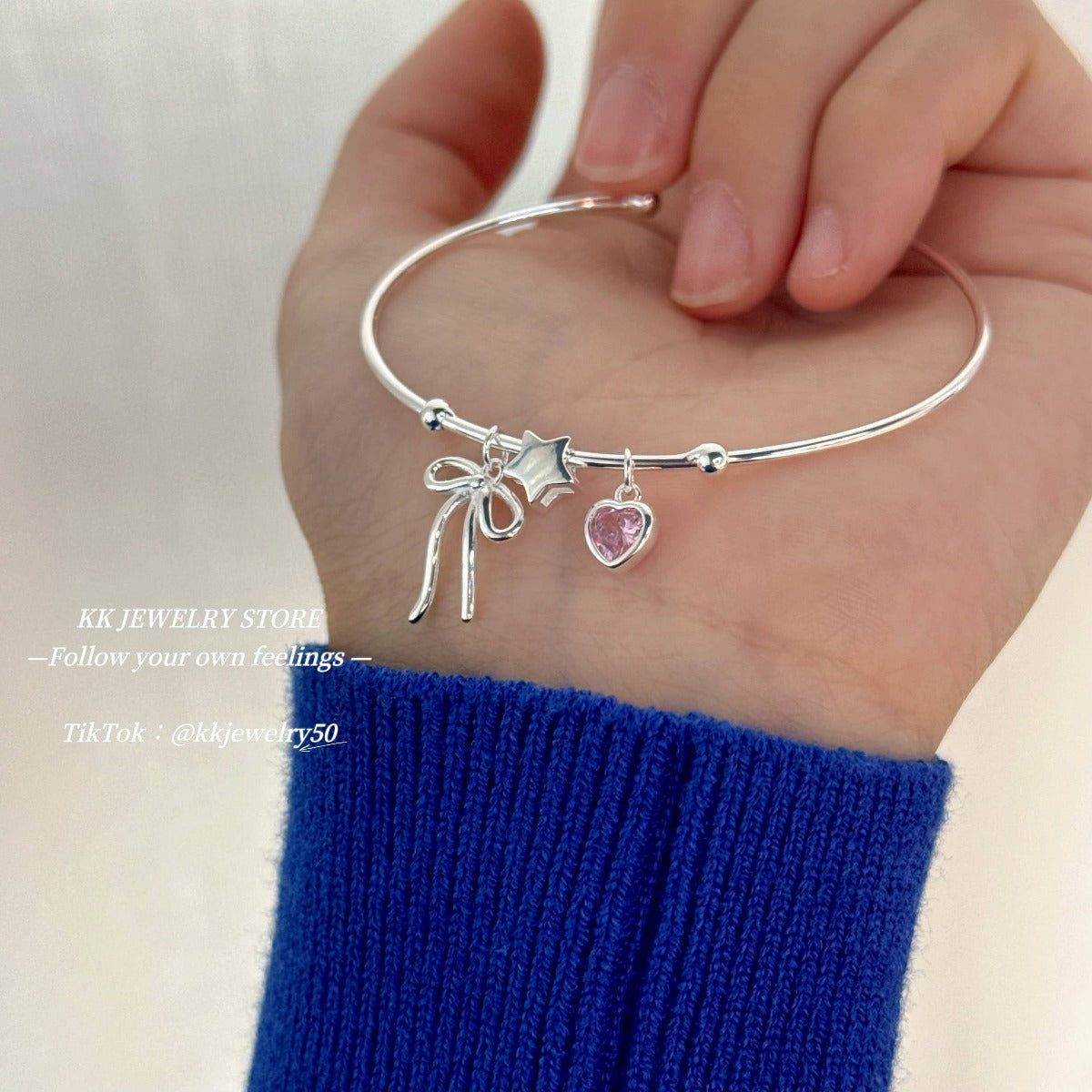 S925 Sterling Silver Star Bow Heart Pink Diamond Bracelet