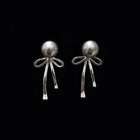 925 silver faux grey pearl bow stud earrings