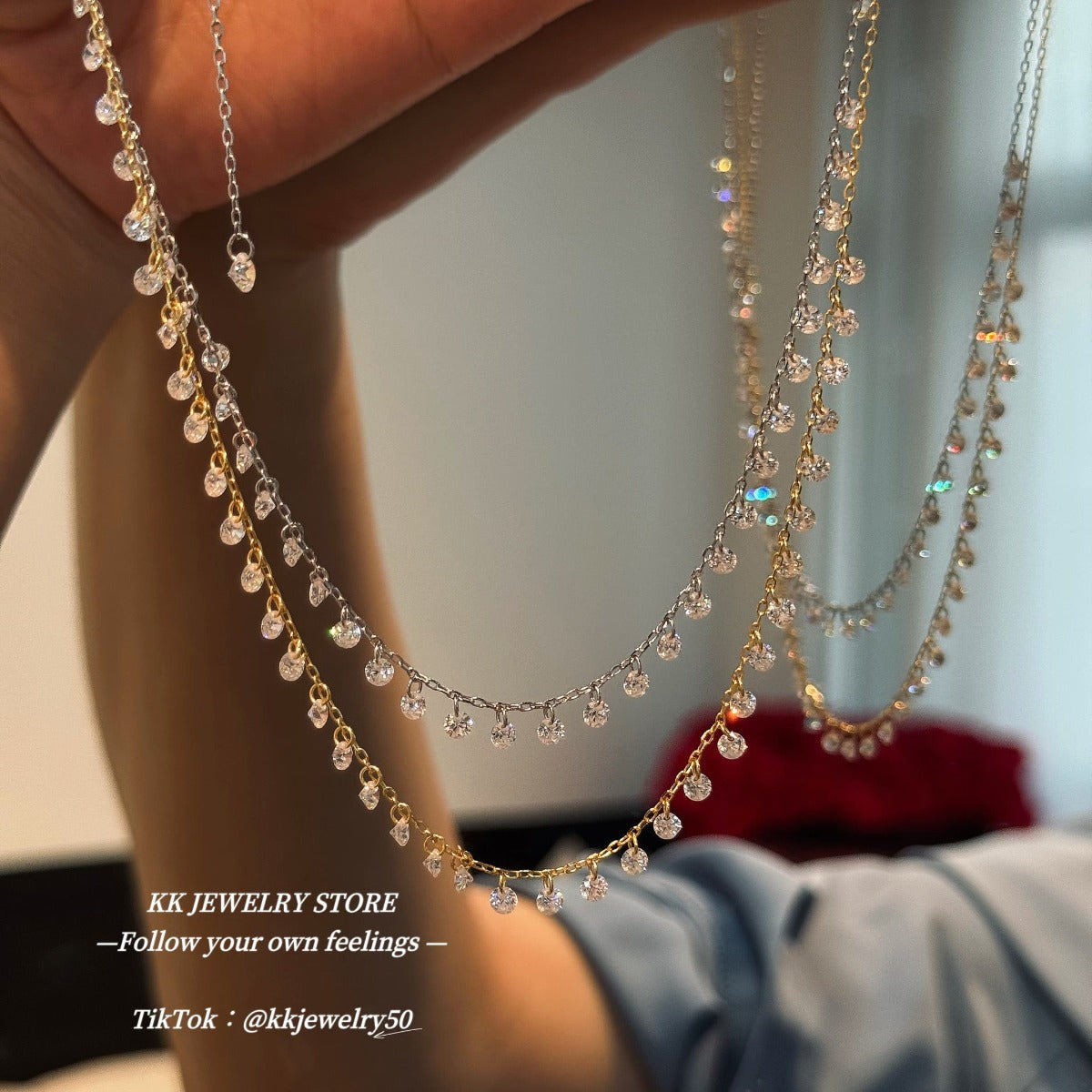 High Quality~ S925 Sterling Silver Round Diamond Tassel Necklace