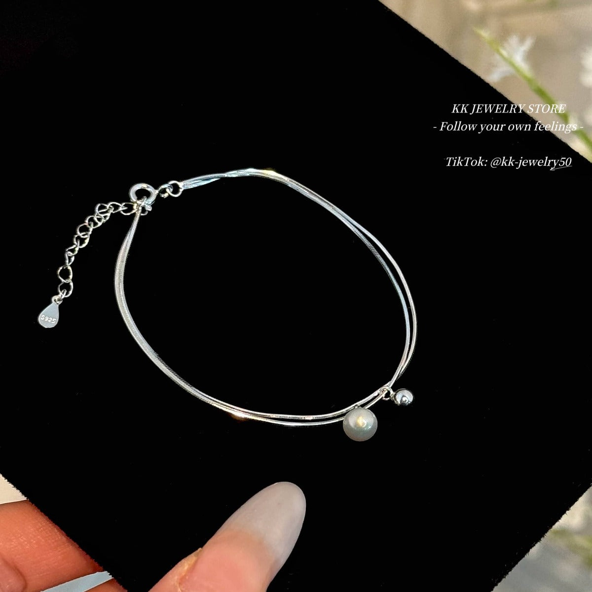S925 Sterling Silver Freshwater Pearl Ball Double Snake Bone Bracelet