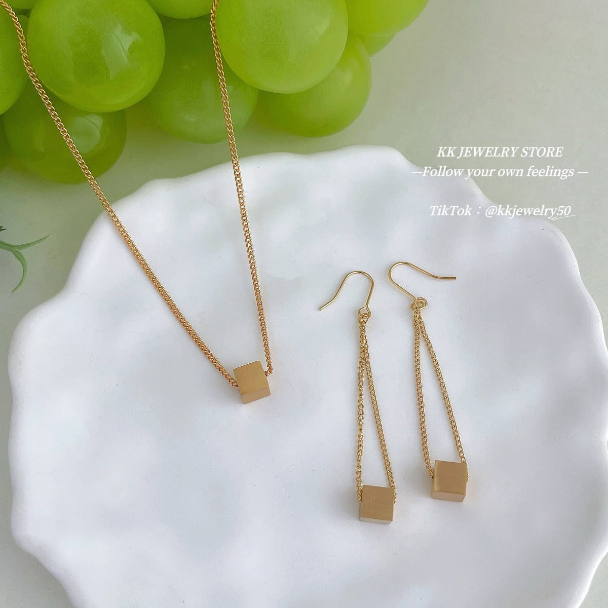 Minimalist Square Brass Brushed Necklace Earrings
