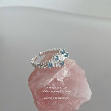 S925 Sterling Silver Irregularly Arranged Folded Sea Blue Diamond Open Ring