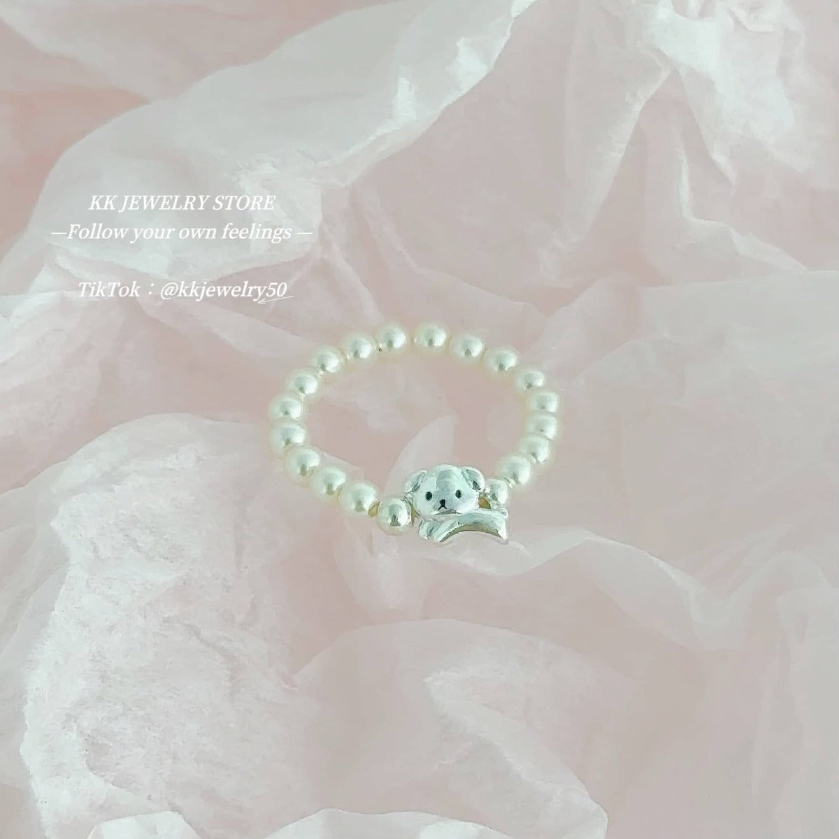 S925 Sterling Silver Happy Puppy Faux Pearl Stretch Ring