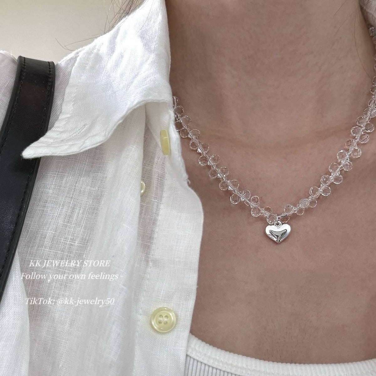 Clear White Crystal Beaded Love Clavicle Chain Necklace