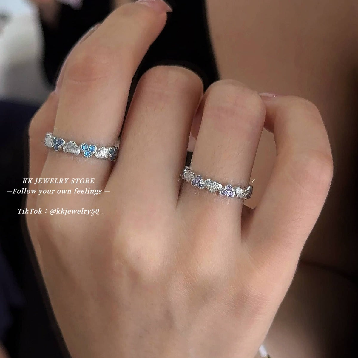 S925 Silver Brushed Full Ring Purple Diamond Blue Diamond Love Ring