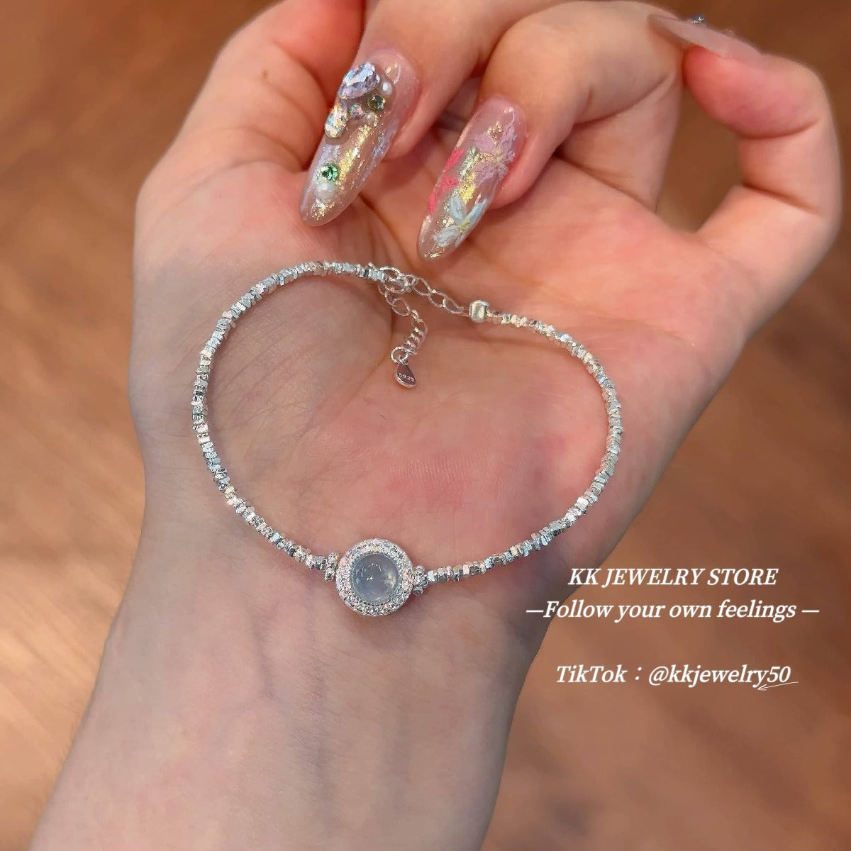 S925 Sterling Silver Natural Aquamarine Crushed Silver Bracelet