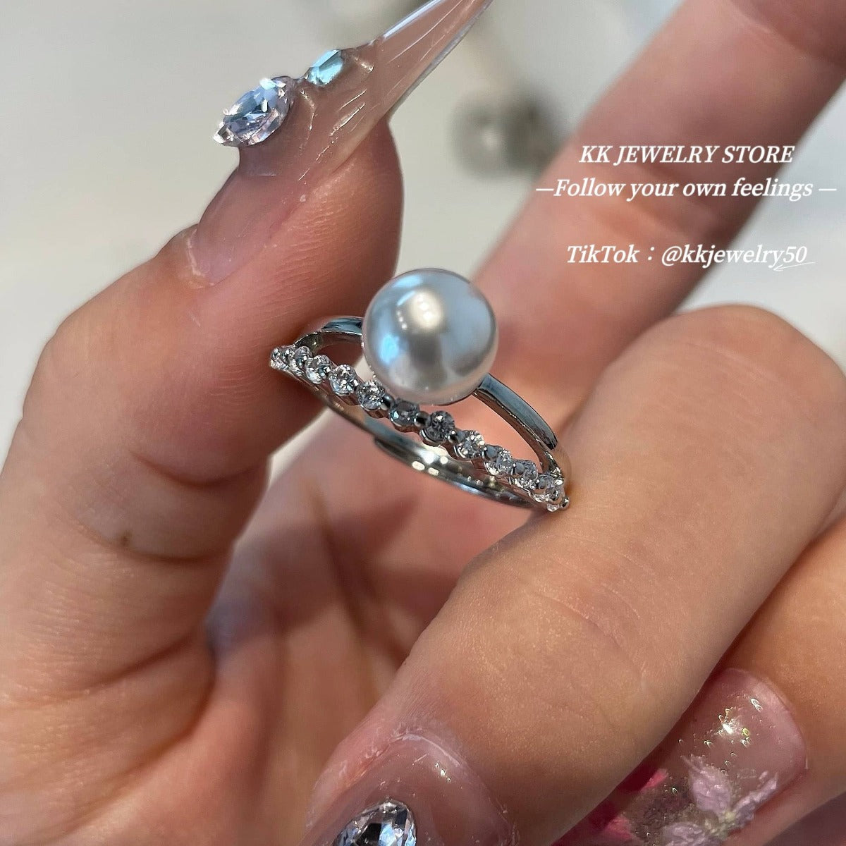 Double Diamond Pearl Open Ring