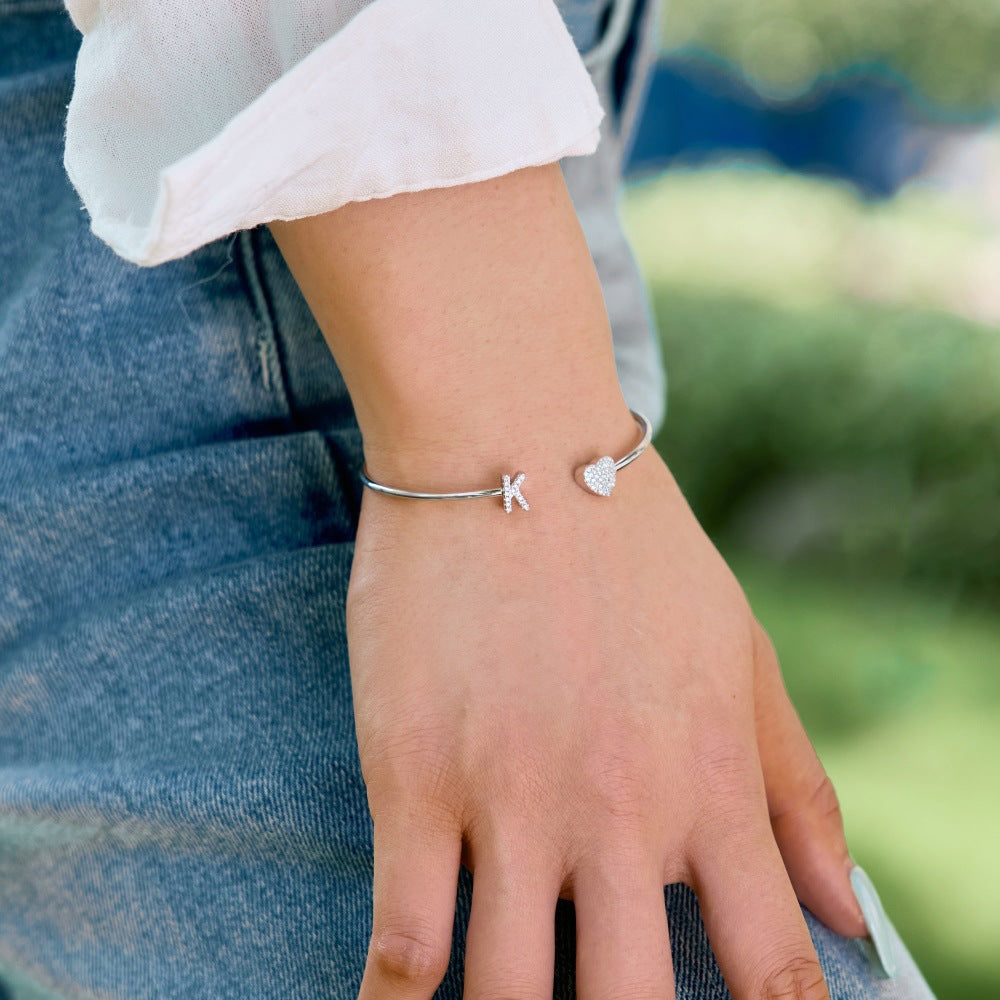 925 sterling silver bracelet with 26 letters of heart symmetrical design