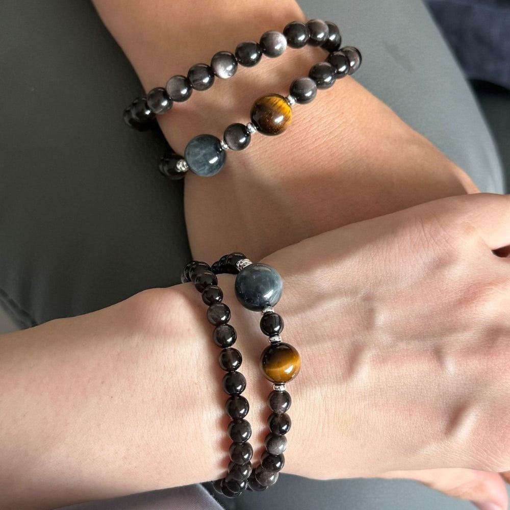 S925 Silver Natural Silver Obsidian Yellow Tiger's Eye Hawkeye Couple Bracelet