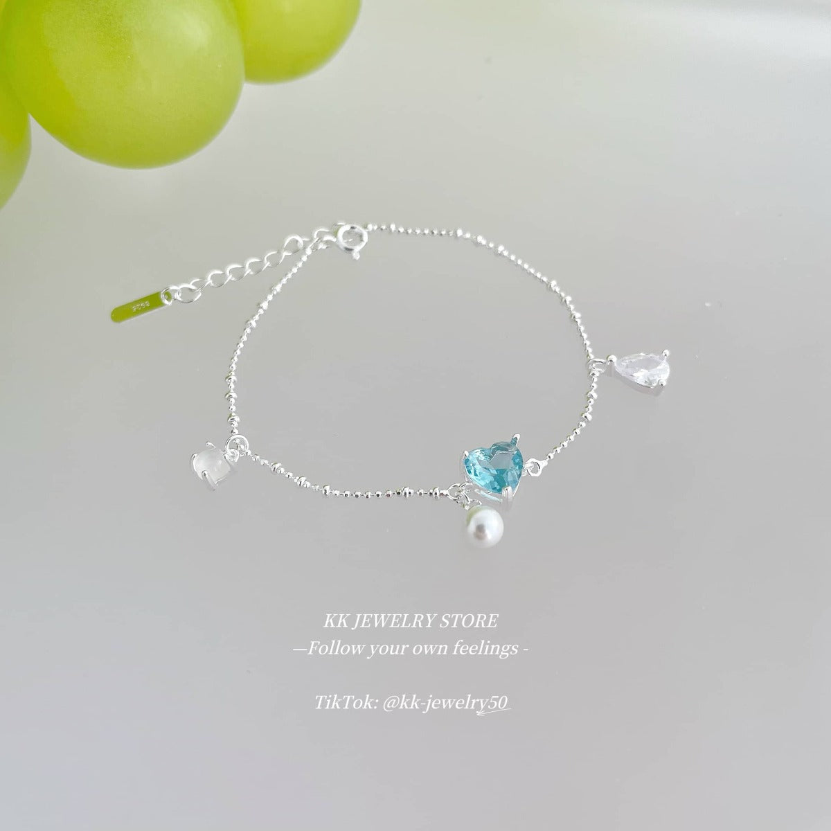 S925 Sterling Silver Sea Blue Heart Love Pearl Bracelet