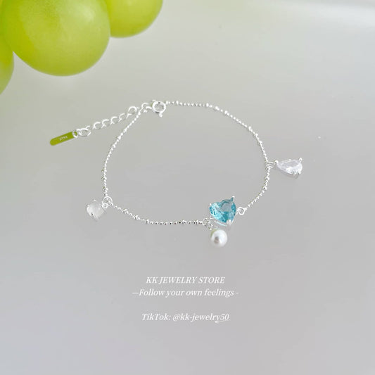 S925 Sterling Silver Sea Blue Heart Love Pearl Bracelet