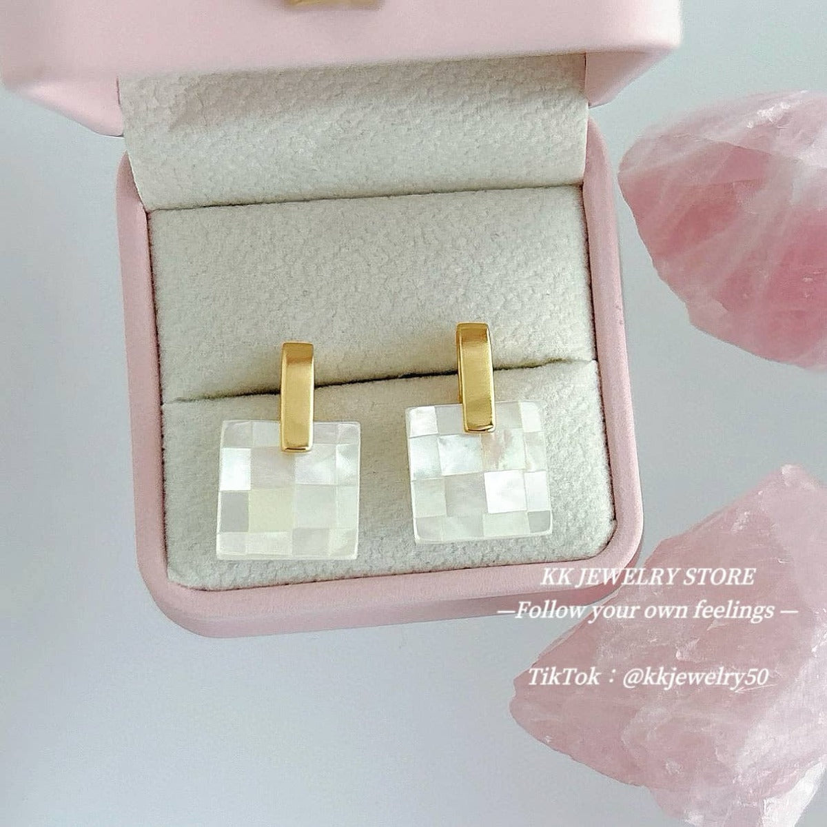 S925 silver needle butterfly shell splicing square stud earrings