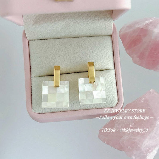 S925 silver needle butterfly shell splicing square stud earrings