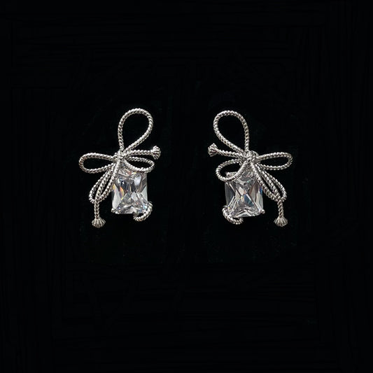 Bow baguette diamond zircon silver pin stud earrings