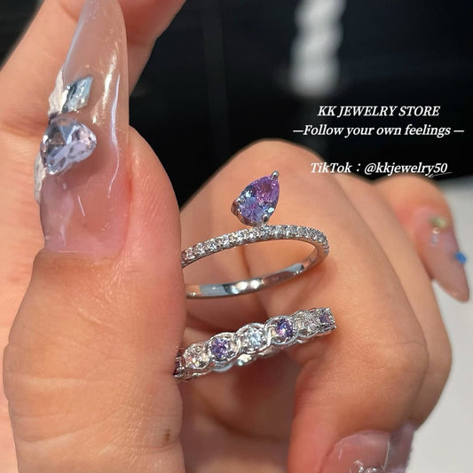 S925 Silver Purple Diamond Stacked Ring