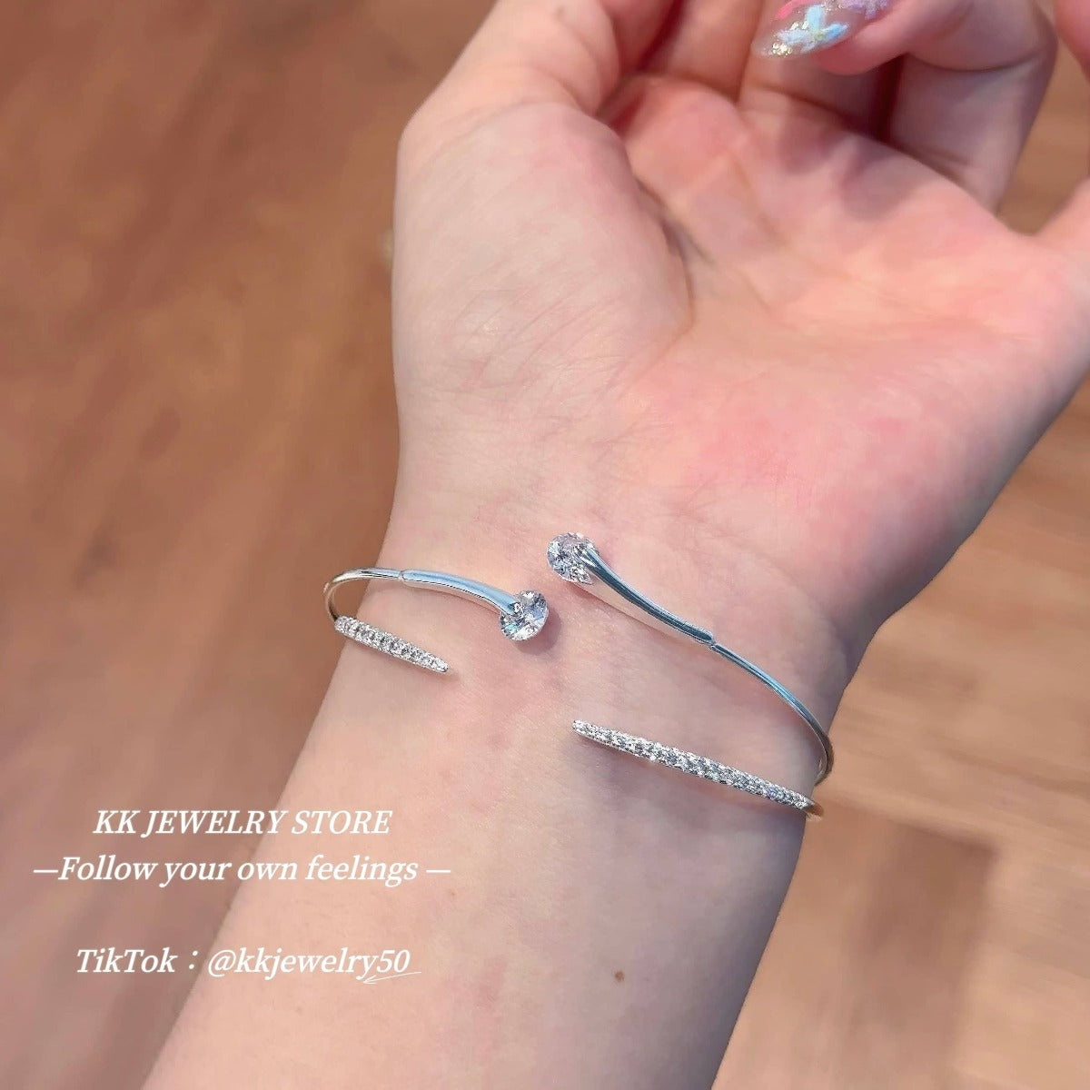 Silver double diamond micro-inlaid fine diamond stacked open bracelet