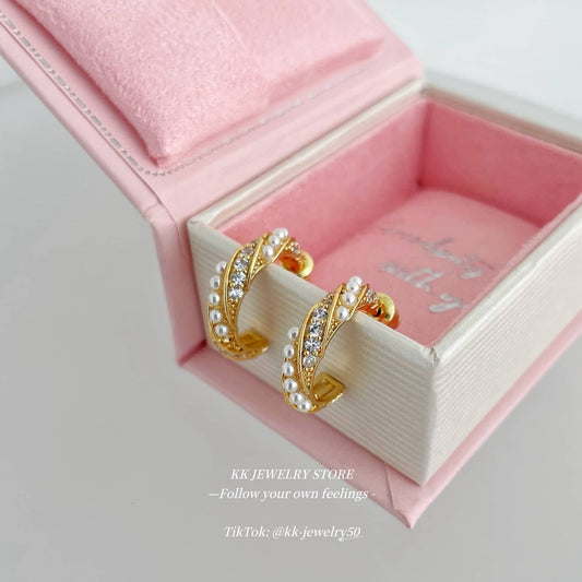 Twist Wrapped Pearl Fine Diamond Stud Earrings