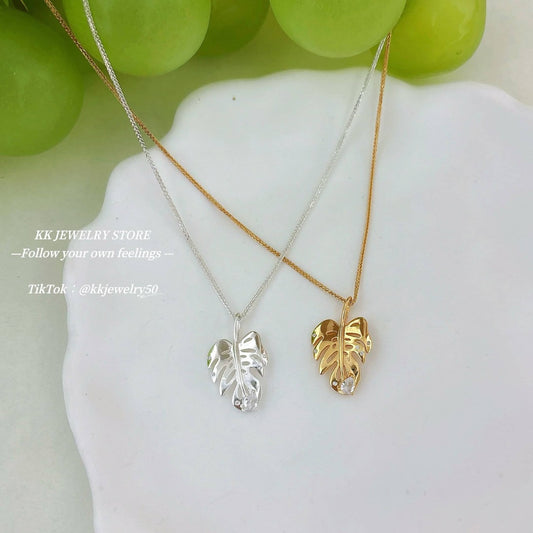 S925 Sterling Silver Gilt Turtle Back Bamboo Leaf Dot Diamond Necklace