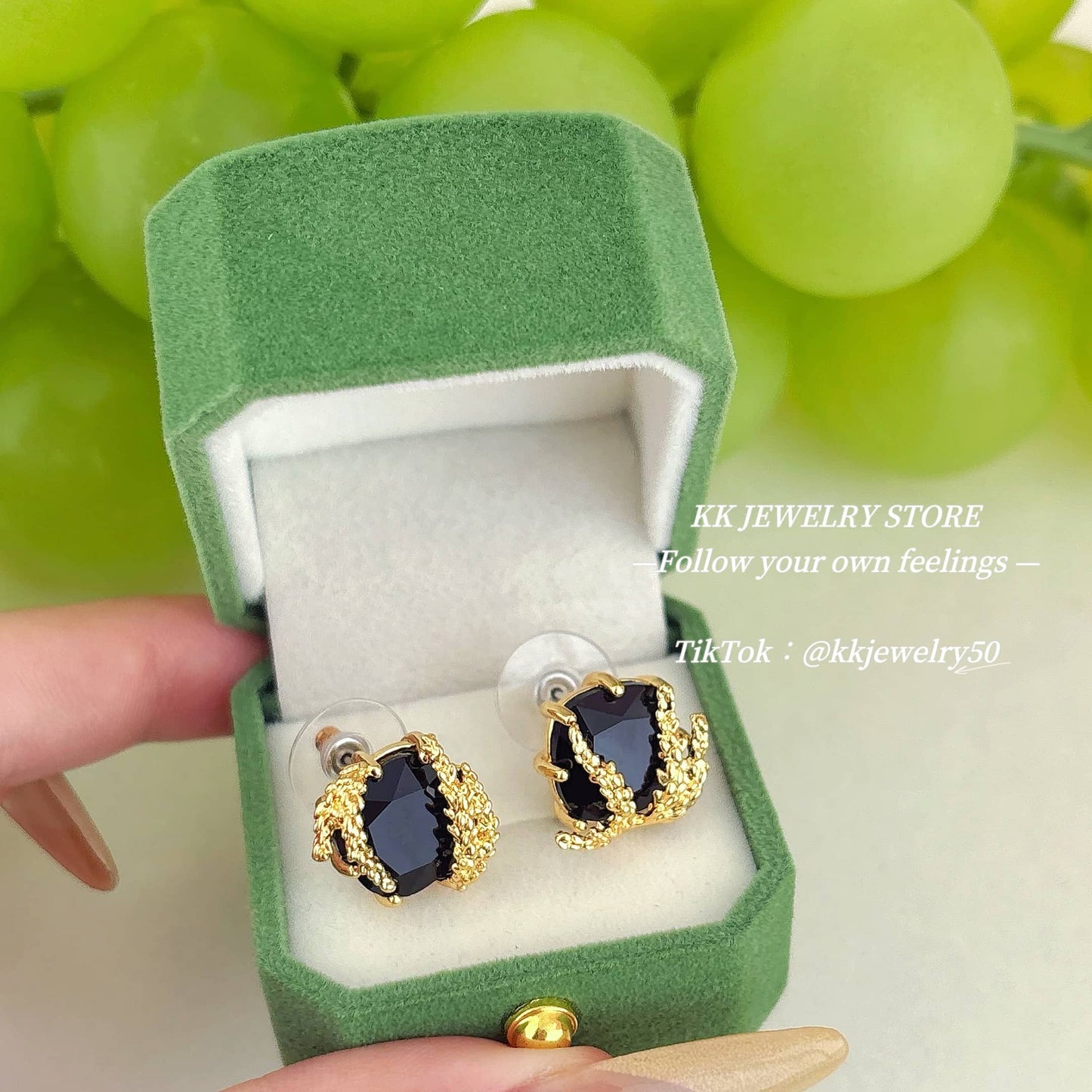 S925 silver needle gold wheat ear black gemstone stud earrings