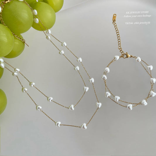 Love imitation pearl double bracelet necklace