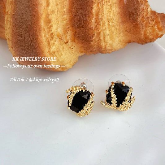 S925 silver needle gold wheat ear black gemstone stud earrings