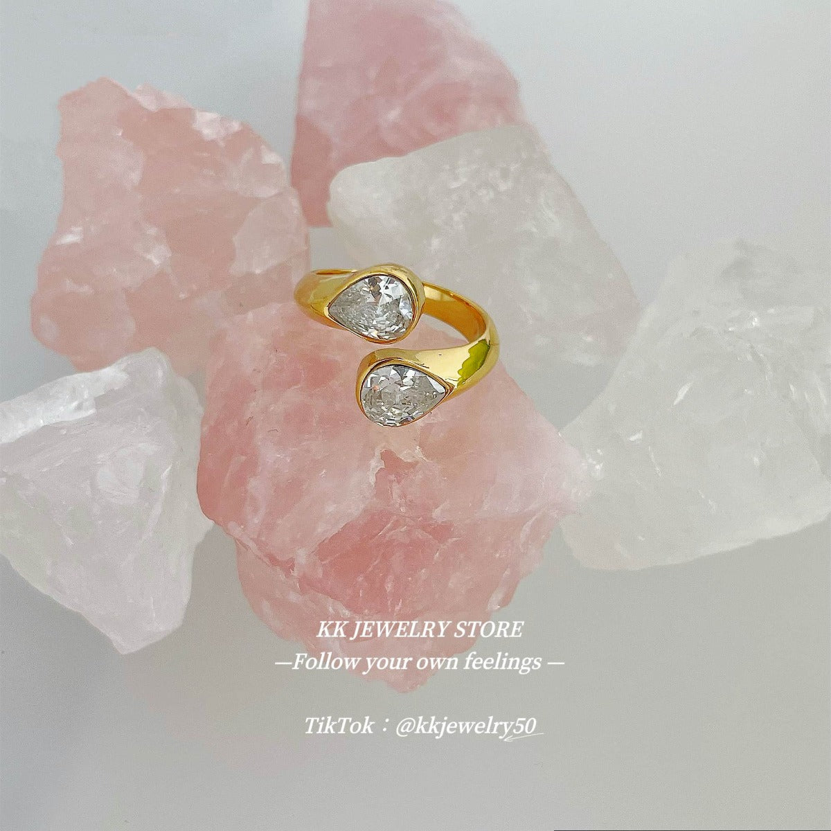 Water drop double diamond open ring