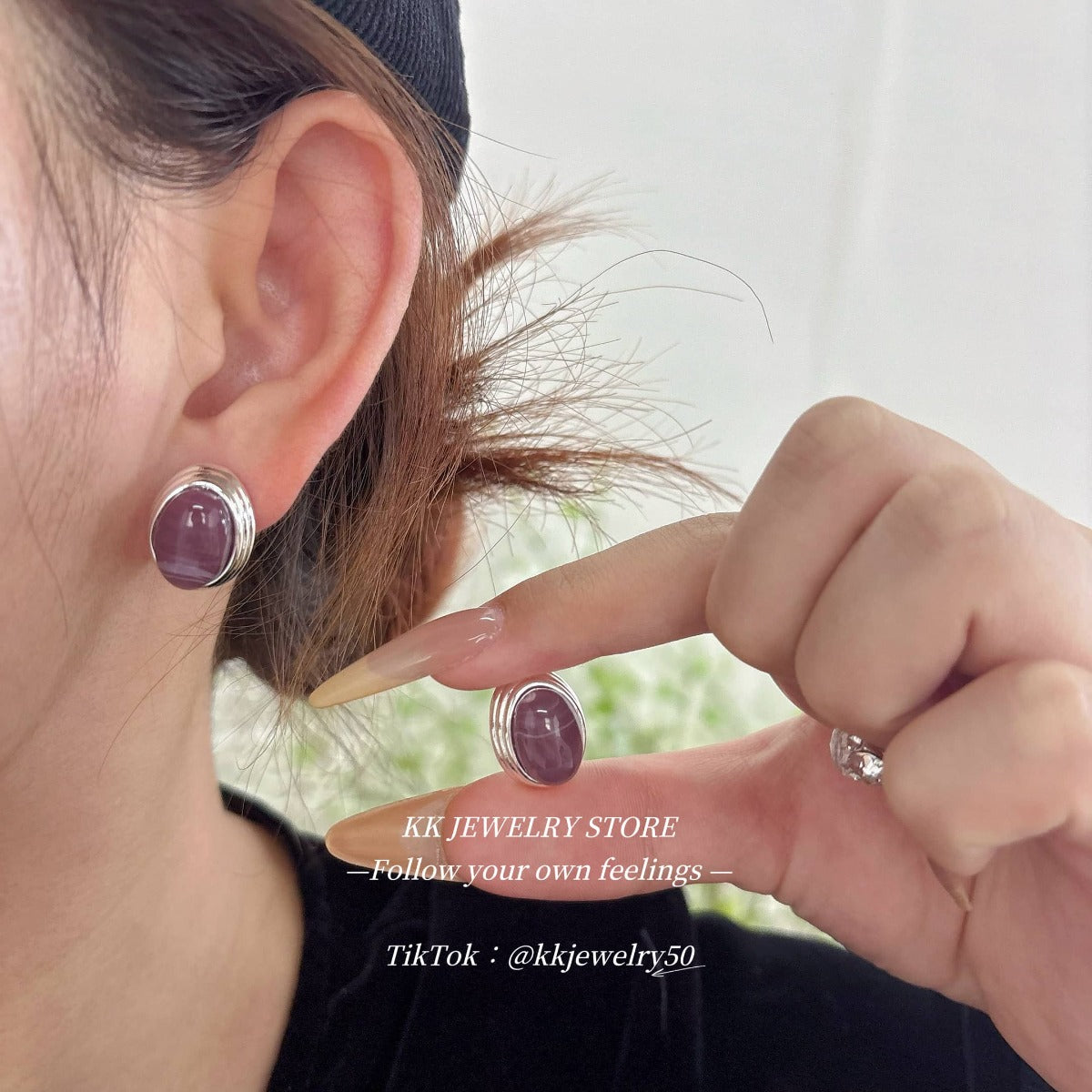 Gentle intellectual purple oval stud earrings