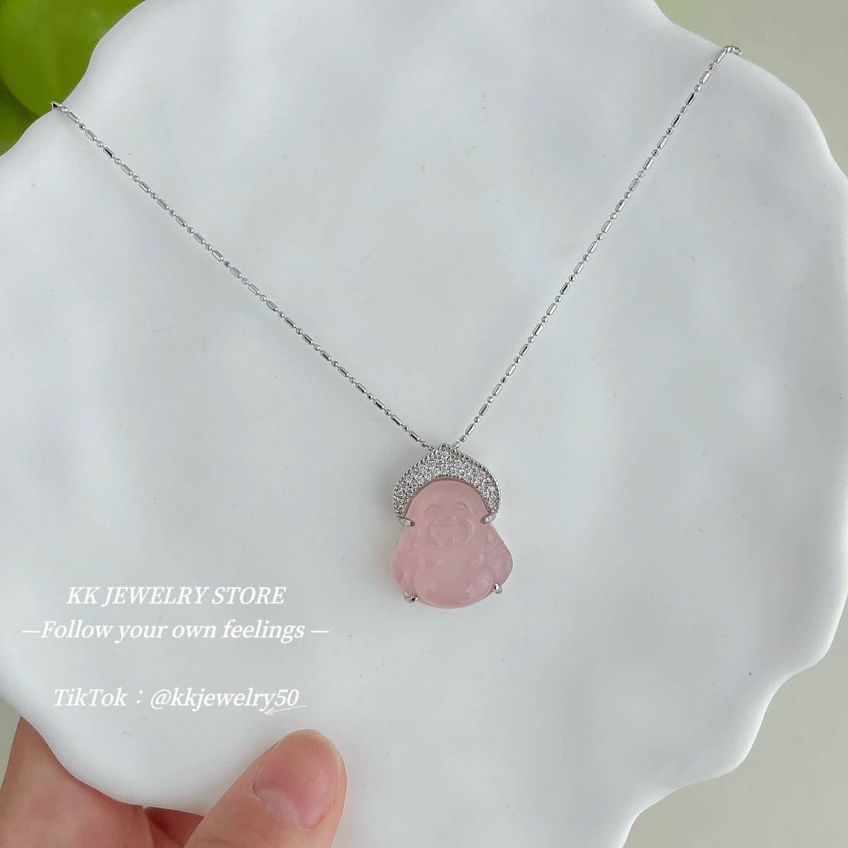 925 Sterling Silver Pink Chalcedony Maitreya Buddha Necklace