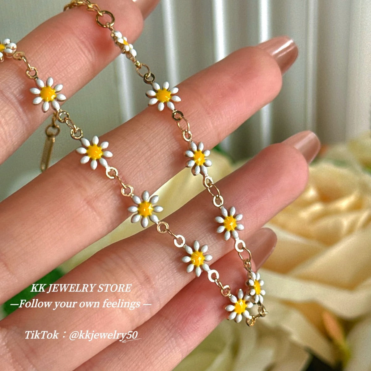 Colored Little Daisies Drop Glaze Flower Bracelet Necklace Set