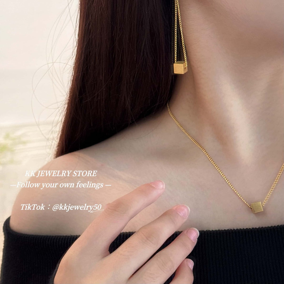 Minimalist Square Brass Brushed Necklace Earrings