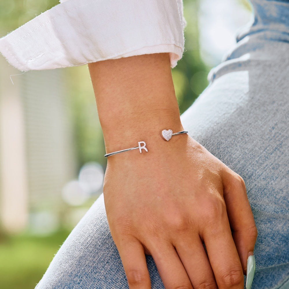 925 sterling silver bracelet with 26 letters of heart symmetrical design