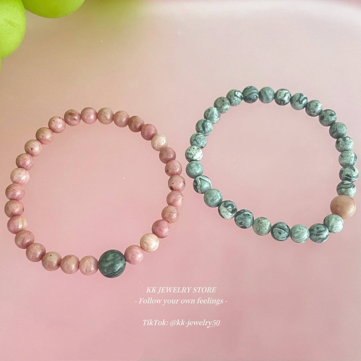 Gray pink natural rosestone map stone bracelet.