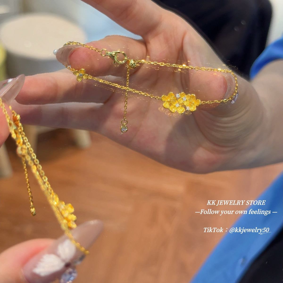 S925 silver-plated gold flower bracelet can be pulled