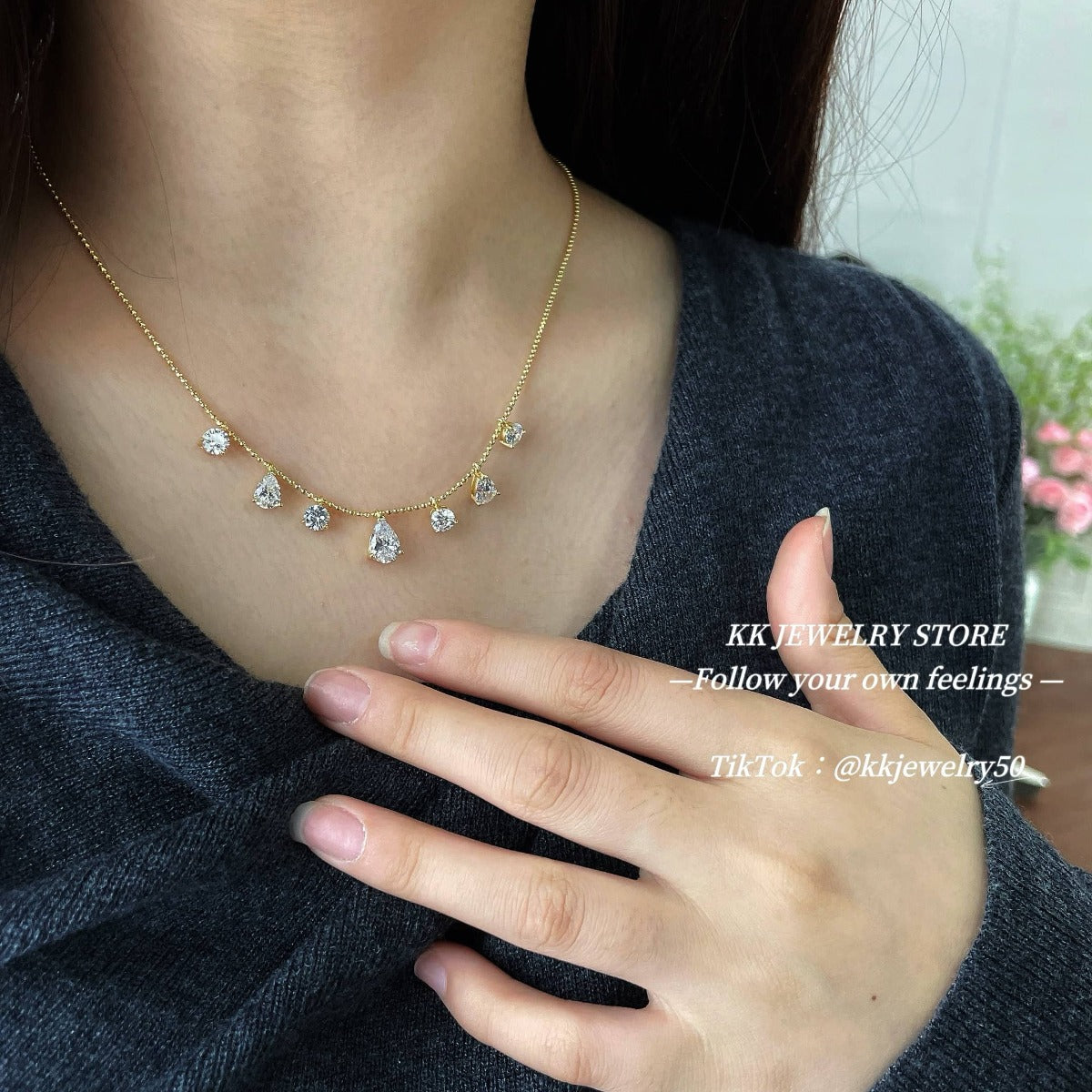 S925 silver-plated 6 * 9 pear-shaped water drop fringe necklace