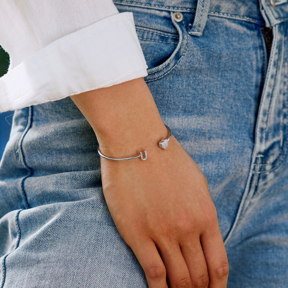 925 sterling silver bracelet with 26 letters of heart symmetrical design