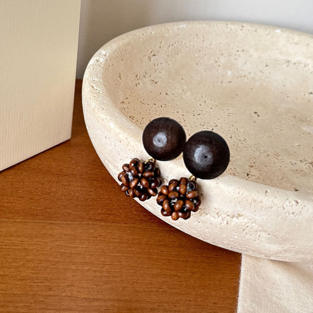 Art ball hand-woven wooden bead pinecone stud earrings