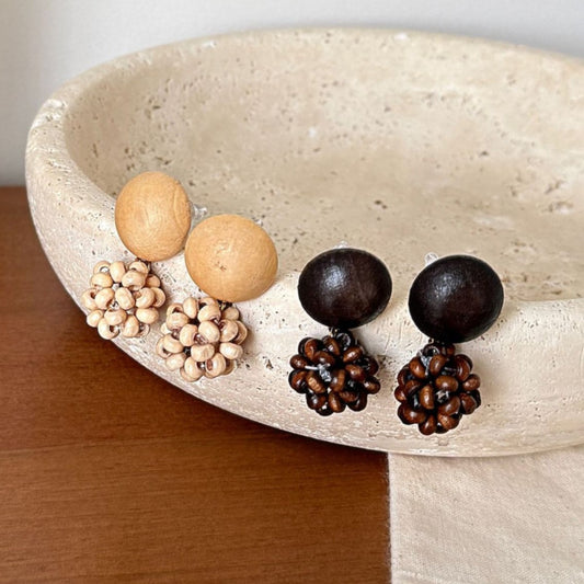 Art ball hand-woven wooden bead pinecone stud earrings