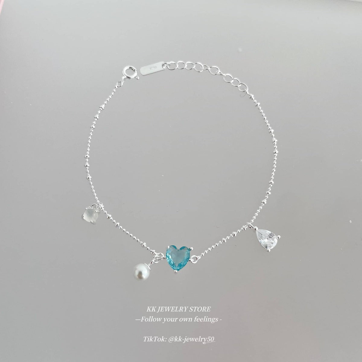 S925 Sterling Silver Sea Blue Heart Love Pearl Bracelet