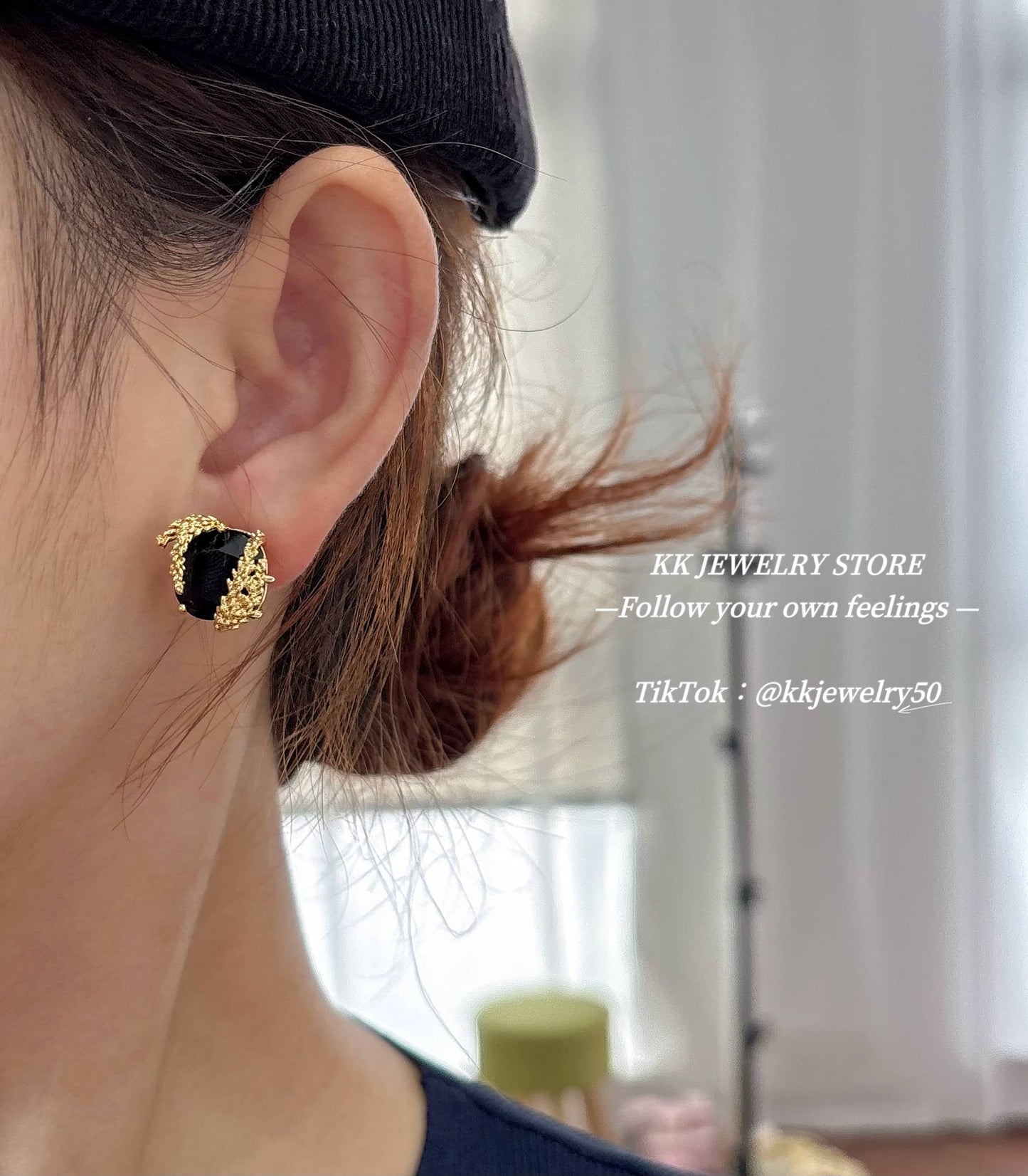 S925 silver needle gold wheat ear black gemstone stud earrings