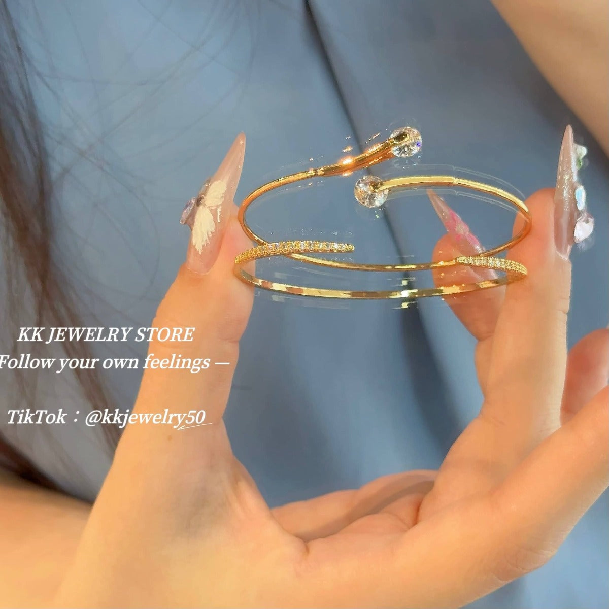 Gold double diamond stacked micro-inlaid fine diamond opening bracelet