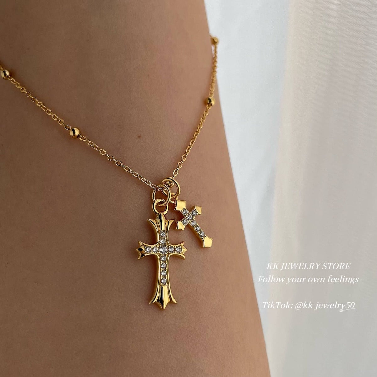 Super Exquisite~ S925 Sterling Silver Gold Double Cross Necklace