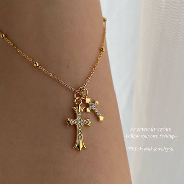 Super Exquisite~ S925 Sterling Silver Gold Double Cross Necklace