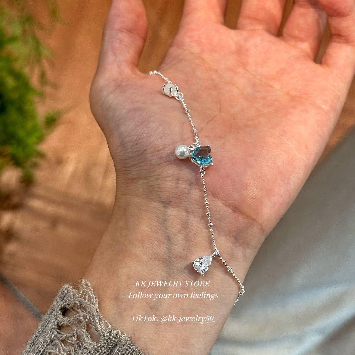 S925 Sterling Silver Sea Blue Heart Love Pearl Bracelet