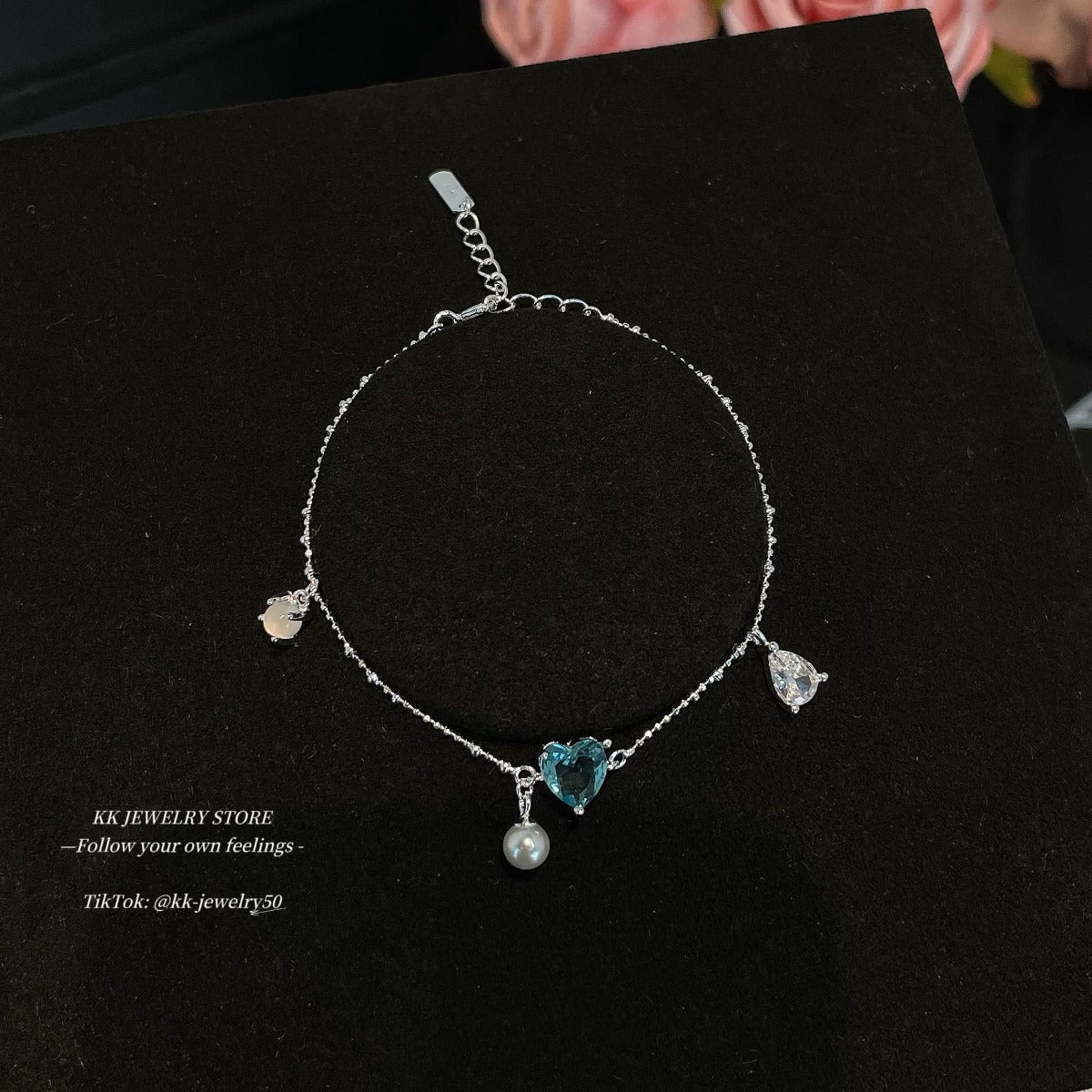 S925 Sterling Silver Sea Blue Heart Love Pearl Bracelet