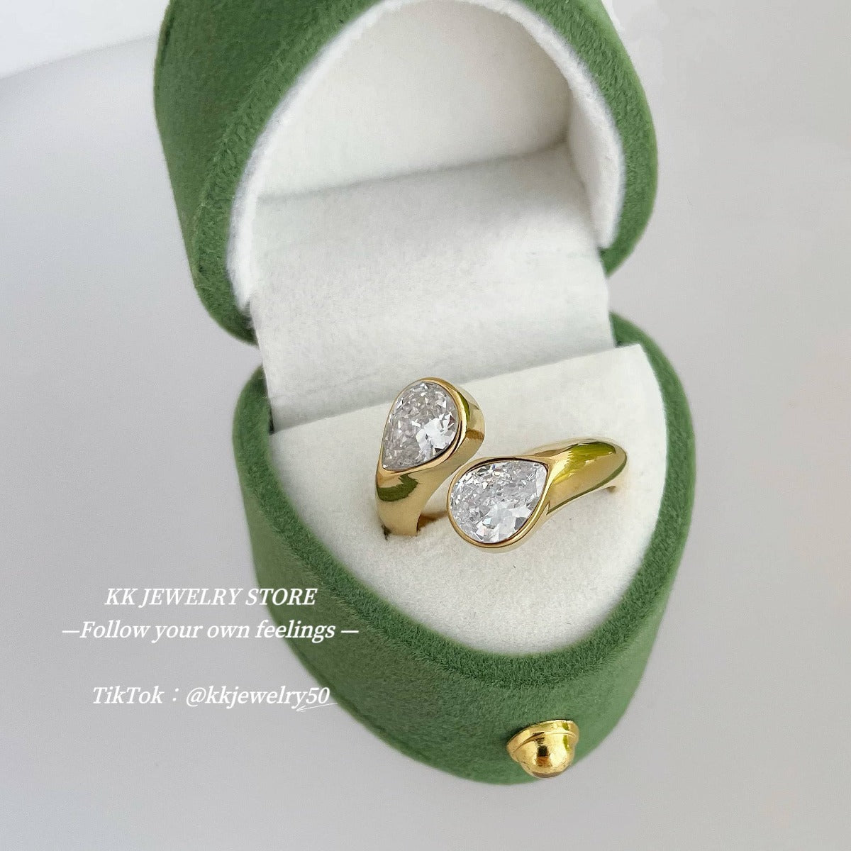 Water drop double diamond open ring