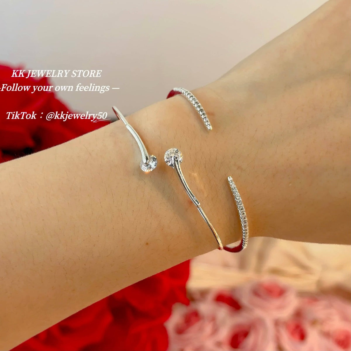 Silver double diamond micro-inlaid fine diamond stacked open bracelet