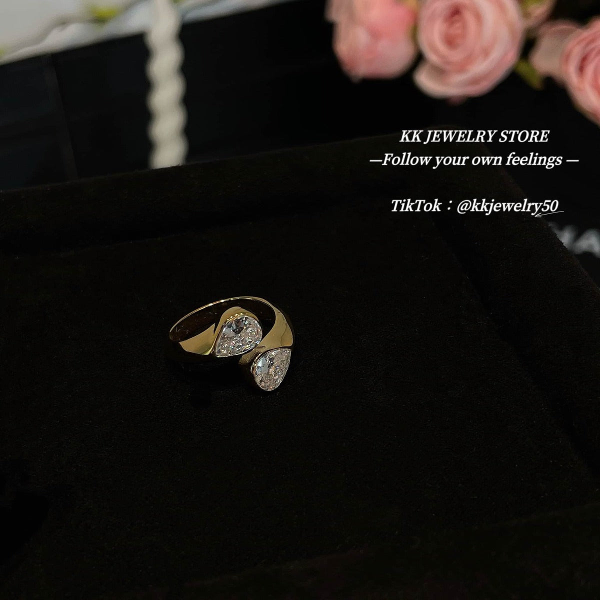 Water drop double diamond open ring